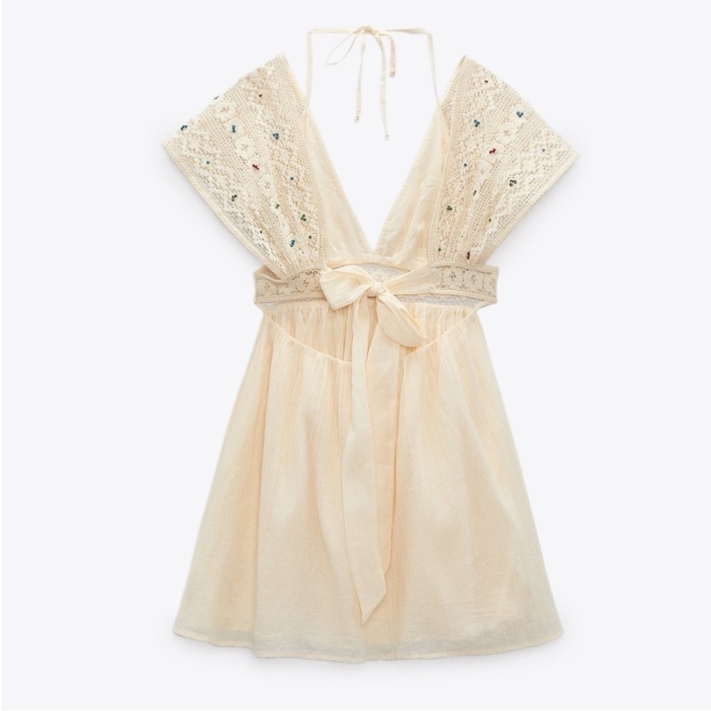 Zara Beaded Embroidered Mini Dress in Ecru 3798/222 NEW sz L